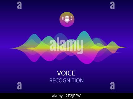 Riconoscimento vocale e Assistente personale. Immagine della forma d'onda del suono Gradient Vector e del microfono con controllo del pulsante voce luminoso. Messaggio vocale Illustrazione Vettoriale