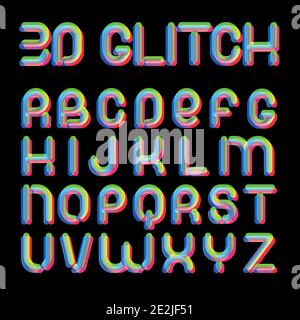 Font effetto Glitch 3d. Caratteri latini da A a Z. Trending 2021. Per eventi musicali, banner, volantino, copertina. Illustrazione Vettoriale