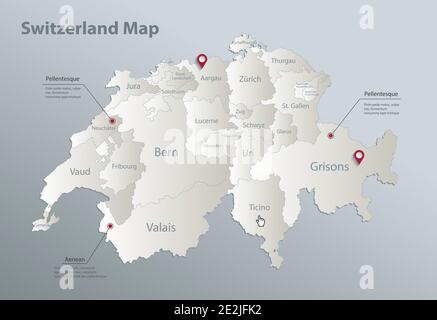 Mappa Svizzera, divisione amministrativa con nomi, carta cartoncino blu vettore 3D Illustrazione Vettoriale