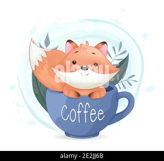 Carino fossi seduto in grande tazza di caffè. Adorabile personaggio cartoon volpe. Illustrazione vettoriale stock Illustrazione Vettoriale