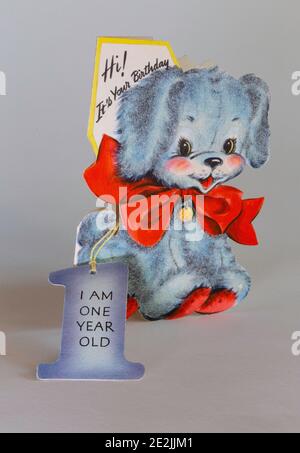 Biglietto d'auguri d'infanzia d'epoca per il primo compleanno, USA 1949 Foto Stock