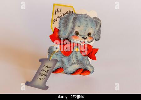Biglietto d'auguri d'infanzia d'epoca per il primo compleanno, USA 1949 Foto Stock