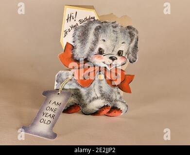 Biglietto d'auguri d'infanzia d'epoca per il primo compleanno, USA 1949 Foto Stock