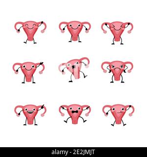 Carino femminile organi womb set di caratteri in uno stile cartoon piatto. Gli organi umani hanno le diverse emozioni. Illustrazione Vettoriale