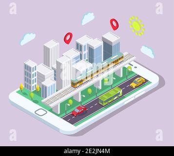 Città isometrica con trasporto pubblico sullo schermo dello smartphone, immagine vettoriale piatta. App mobile per i trasporti pubblici. Illustrazione Vettoriale