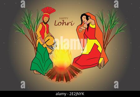 Illustrazione vettoriale per Happy Lohri. Indiano tradizionale tamburo o dholak o dhol e coppia danzante Illustrazione Vettoriale