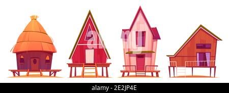 Bungalows, case estive sulla spiaggia su pali con terrazza, edifici privati in legno, ville, hotel, case residenziali cottage, appartamenti, proprietà vivente, illustrazione vettoriale Cartoon, set di icone isolate Illustrazione Vettoriale