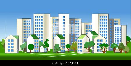 Città accogliente e pulita. Esterno moderno e piacevole. Alti edifici e piccole case. Parchi, alberi e prati. Stile piatto. Vettore Illustrazione Vettoriale