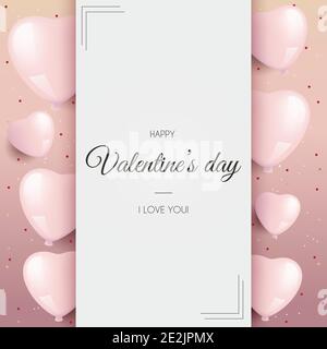 Biglietto d'auguri per il giorno di San Valentino con palloncini rosa. Buon poster di San Valentino su sfondo rosa e confetti, illustrazione vettoriale Illustrazione Vettoriale