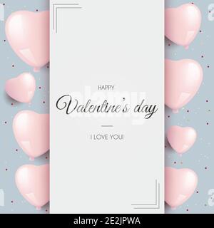 Biglietto d'auguri per il giorno di San Valentino con palloncini rosa. Buon poster di San Valentino su sfondo blu e confetti, illustrazione vettoriale Illustrazione Vettoriale