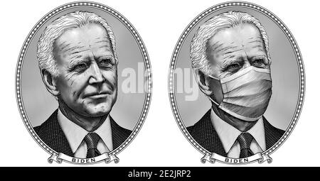Ritratto con incisione di Joe Biden. Cornice ovale nello stile di una bolletta del dollaro. Sorridente presidente degli Stati Uniti e copia della sua testa con una maschera chirurgica viso. Illustrazione Vettoriale