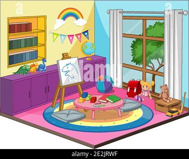 Camera per bambini o interni della stanza dell'asilo con elementi di arredamento colorati illustrazione Illustrazione Vettoriale