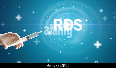 Ago per siringa con vaccino virale e abbreviazione RDS, concetto antidoto Foto Stock