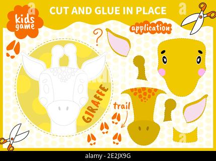 I bambini bordo animale gioco applique taglio e colla in posizione Per i preschoolers e gli allievi della scuola primaria worksheet.Page leggere e abbinare per i bambini Illustrazione Vettoriale