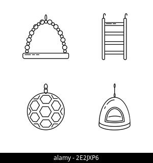 Set di accessori per pappagallo, canarino o altro uccello in gabbia. Raccolta di forniture per animali domestici in linea sottile. Illustrazione Vettoriale