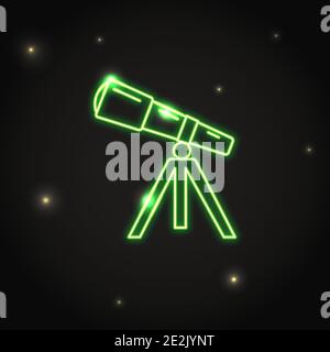 Icona del telescopio al neon con linea sottile. Dispositivo di astronomia simbolo di luce elettrica in cielo scuro. Illustrazione Vettoriale