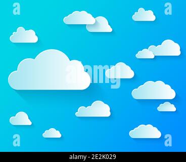 Imposta diverse forme di nuvole su un cielo blu chiaro. Taglio di carta e artigianato digitale stile. Illustrazione Vettoriale
