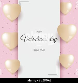 Biglietto d'auguri per il giorno di San Valentino con i cuori dei palloncini d'oro. Sfondo rosa con confetti, illustrazione vettoriale Illustrazione Vettoriale