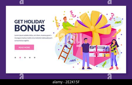 Store online o negozio programma fedeltà e concetto di premi. Persone con voucher regalo o carta bonus e confezione regalo gigante. Vector Flat Cartoon cliente c Illustrazione Vettoriale