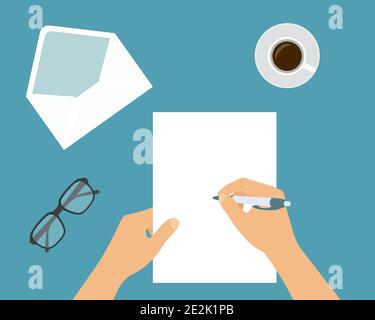 Disegno piatto illustrazione di una mano che tiene una penna a sfera e che scrive su un foglio di carta vuoto. Aprire la busta bianca e la lettera con lo spazio per la t Illustrazione Vettoriale
