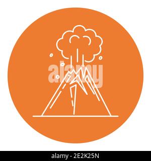 Icona dell'eruzione del vulcano in stile sottile. Simbolo di montagna lineare in cornice rotonda. Illustrazione Vettoriale