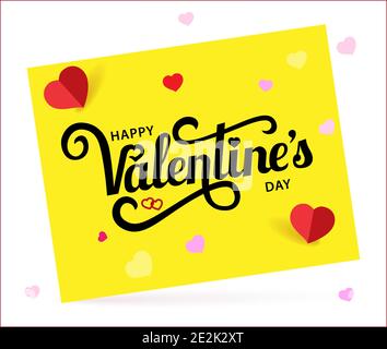 Happy San Valentino scritta tipografica su carta gialla con cuori rossi. Illustrazione vettoriale di una carta di San Valentino. Illustrazione Vettoriale