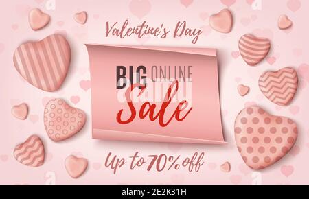 Grande giorno di San Valentino on-line modello di sfondo vendita con rosa realistico cuore caramella e banner di carta. Illustrazione Vettoriale