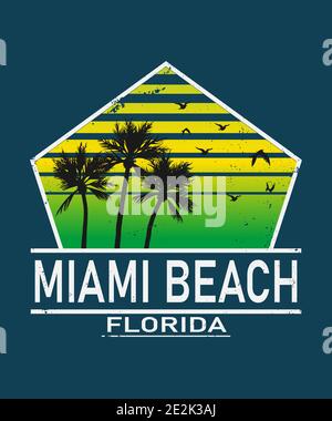 Miami Beach Florida tee stampa con palme. T-shirt design, grafica, francobollo, etichetta, tipografia. Illustrazione Vettoriale