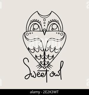 Logo con contorno di gufo dolce. Design con emblema isolato Doodel. Simbolo dell'educazione dei bambini. Illustrazione vettoriale Illustrazione Vettoriale