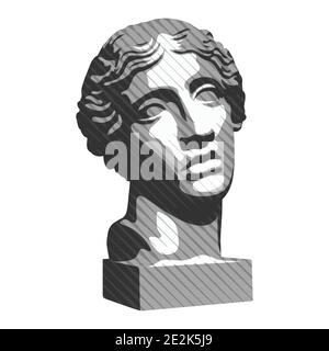 Illustrazione vettoriale della statua antica disegnata a mano. Busto in gesso di una giovane donna Illustrazione Vettoriale