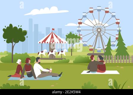 Persone in parco di divertimento illustrazione vettoriale. Cartoon giovane uomo donna personaggi seduta su erba verde nel parco estivo con fiera carnevale, ruota ferris, rotonda, lunapark sfondo di intrattenimento Illustrazione Vettoriale