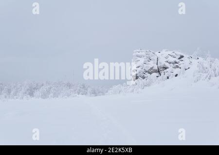 paesaggio bianco - un altopiano roccioso coperto di neve profonda sotto un cielo d'inverno, le torri cellulari sono visibili in lontananza nella nebbia Foto Stock