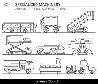 Raccolta macchine speciali. Icona vettore lineare del servizio di supporto a terra AirPort isolata su bianco. Illustrazione Illustrazione Vettoriale