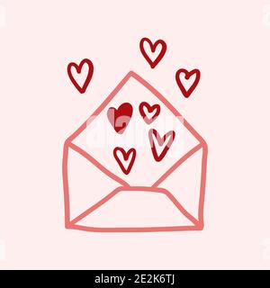 Tema del giorno di San Valentino Doodle icona vettoriale della posta disegnata a mano lettera con forma cardiaca isolata su un rosa Illustrazione Vettoriale