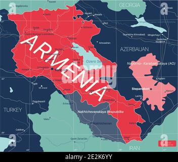 Paese Armenia Mappa dettagliata modificabile con città e città, strade e ferrovie. File vettoriale EPS-10 Illustrazione Vettoriale