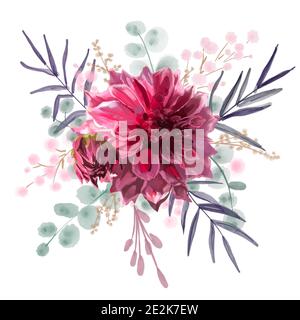Splendido sfondo con delicato dipinto ad acqua di dahlias rosso e rosa. Disegno di stock. Foto Stock