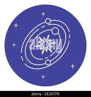 Icona del sistema solare in stile sottile. Pianeti che ruotano intorno alla stella. Simbolo della struttura dello spazio nel riquadro rotondo. Illustrazione Vettoriale