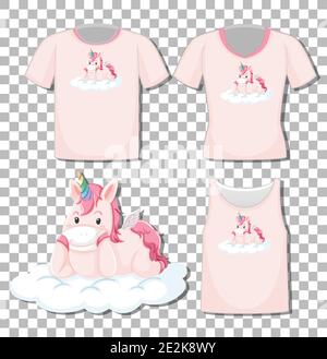 Carino unicorn giaceva sulla nuvola cartoon personaggio con set di diverse camicie isolate su sfondo trasparente illustrazione Illustrazione Vettoriale