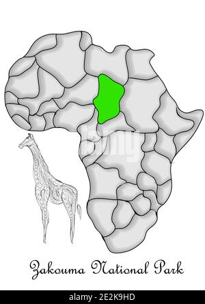 Mappa astratta del Parco Nazionale di Zakouma con giraffa Illustrazione Vettoriale
