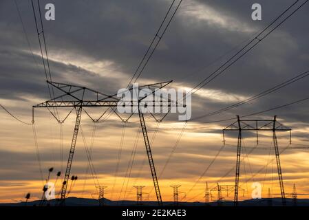 Molti poli elettrici in un campo durante il bellissimo tramonto con cielo drammatico Foto Stock