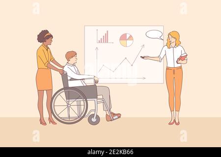 I disabili che lavorano in ufficio, riunione, concetto di negoziato Illustrazione Vettoriale