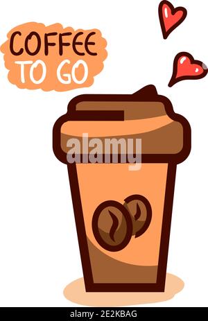 Carino tazza di caffè da andare con i cuori, idea concetto, illustrazione vettoriale. Illustrazione Vettoriale