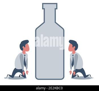 Triste personaggio alcolico infelice con una bottiglia di bevanda. Alcolismo dipendenza problema dipendenza cattiva abitudine. Illustrazione Vettoriale