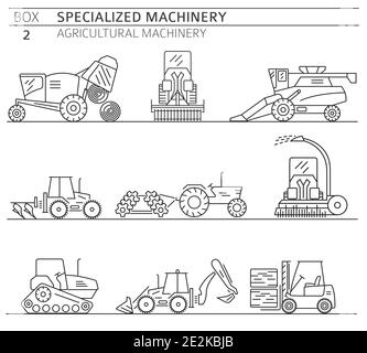 Macchine agricole speciali Linear Vector Icon Set isolato su bianco. Illustrazione Illustrazione Vettoriale