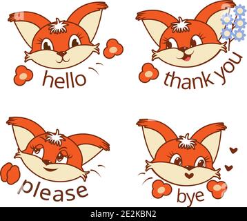 Set di scoiattoli in stile cartoon su sfondo bianco isolato con iscrizioni. Adesivi con le parole grazie, Ciao, per favore, Bye . Vettore Illustrazione Vettoriale