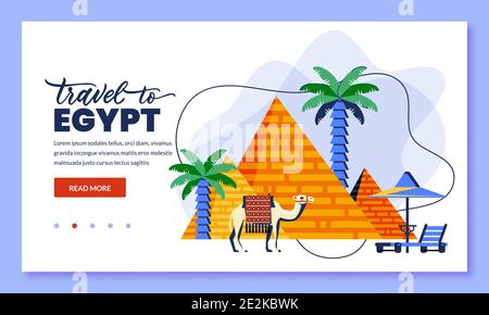 Viaggio in Egitto e il Cairo, illustrazione vettoriale. Icone di toro piatto della piramide egiziana, cammello e palme. Progettazione di landing page, banner o poster sul Web. Tou Illustrazione Vettoriale
