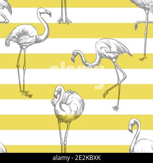 Fenicottero grigio su sfondo giallo bianco a strisce. Trendy tropicale senza cuciture motivo estivo. Disegno di tessuto, carta da imballaggio o stampa tessile di moda. VEC Illustrazione Vettoriale