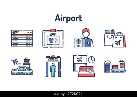 Set di icone della linea a colori del servizio AirPort. Voli internazionali. Pittogrammi per pagina Web, app mobile, promo. Elementi di progettazione GUI UI UX. Tratto modificabile. Illustrazione Vettoriale