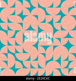Vettore truchet geometrico terrazzo cerchio senza cuciture motivo sfondo. Sfondo blu rosa con forme circolari piastrellate casuali e una texture smerigliata grugnosa Illustrazione Vettoriale