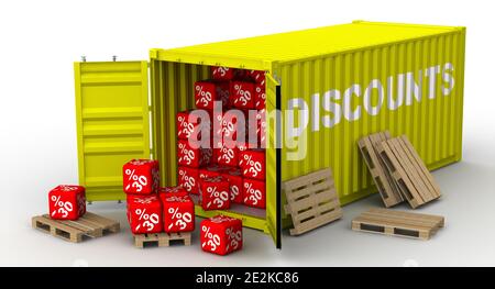 Contenitore cargo giallo pieno etichettato con SCONTI per parole bianche e riempito con trenta sconti percentuali. Isolato. Illustrazione 3D Foto Stock